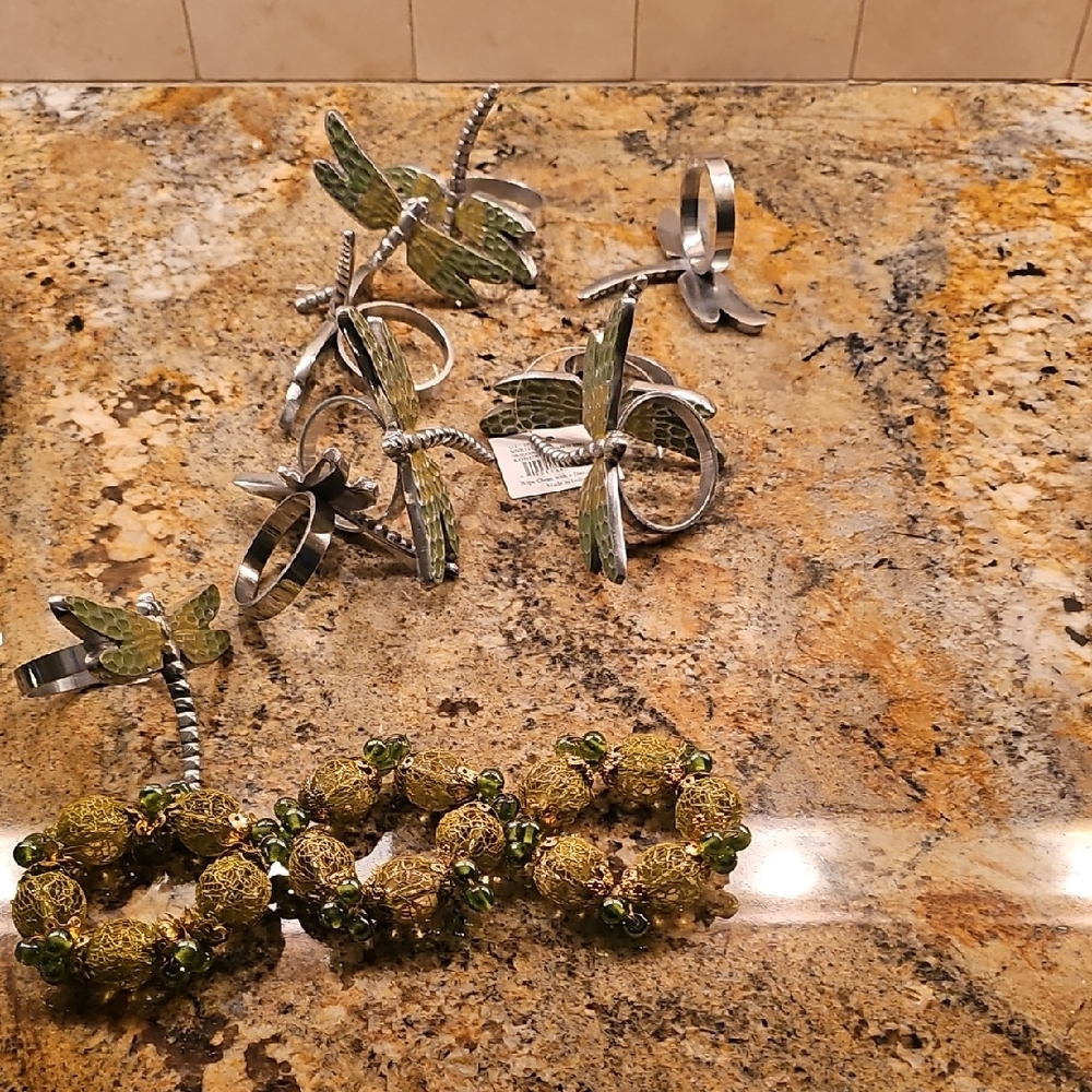 Silver and Green Dragonfly  And Green Beaded Napkin Rings 12pc Set